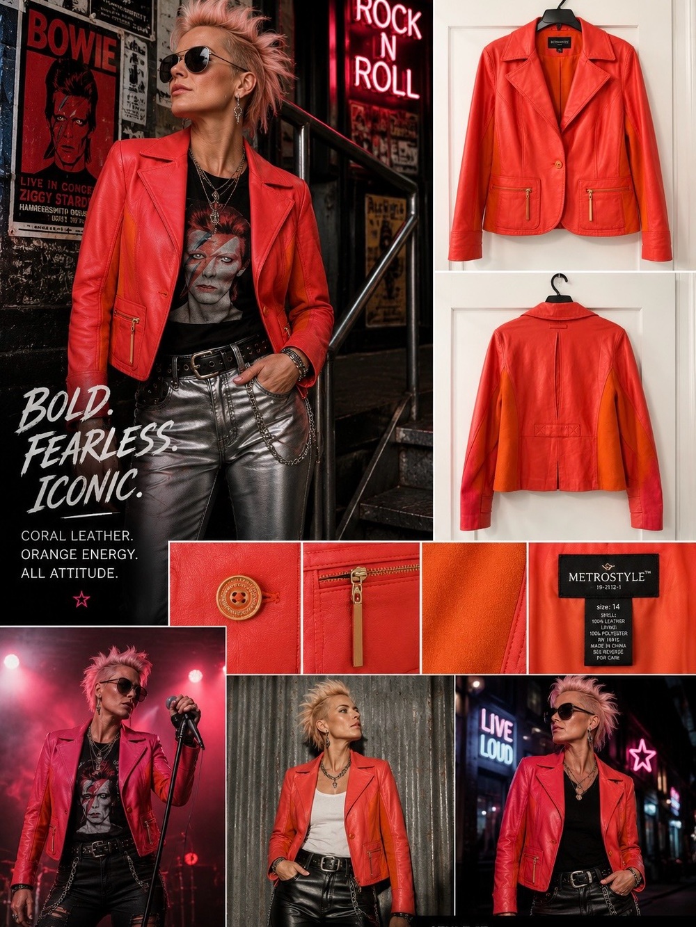 Metrostyle Coral Genuine Leather Jacket Women’s Size 14 Statement Moto Blazer‎ - Picture 4 of 4
